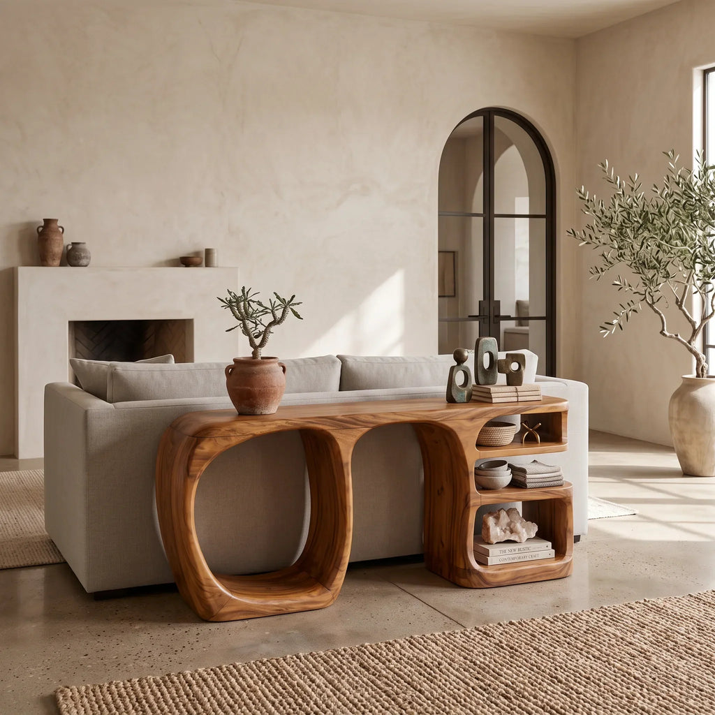 Organic Open Compartment Console, solid wood, built to order