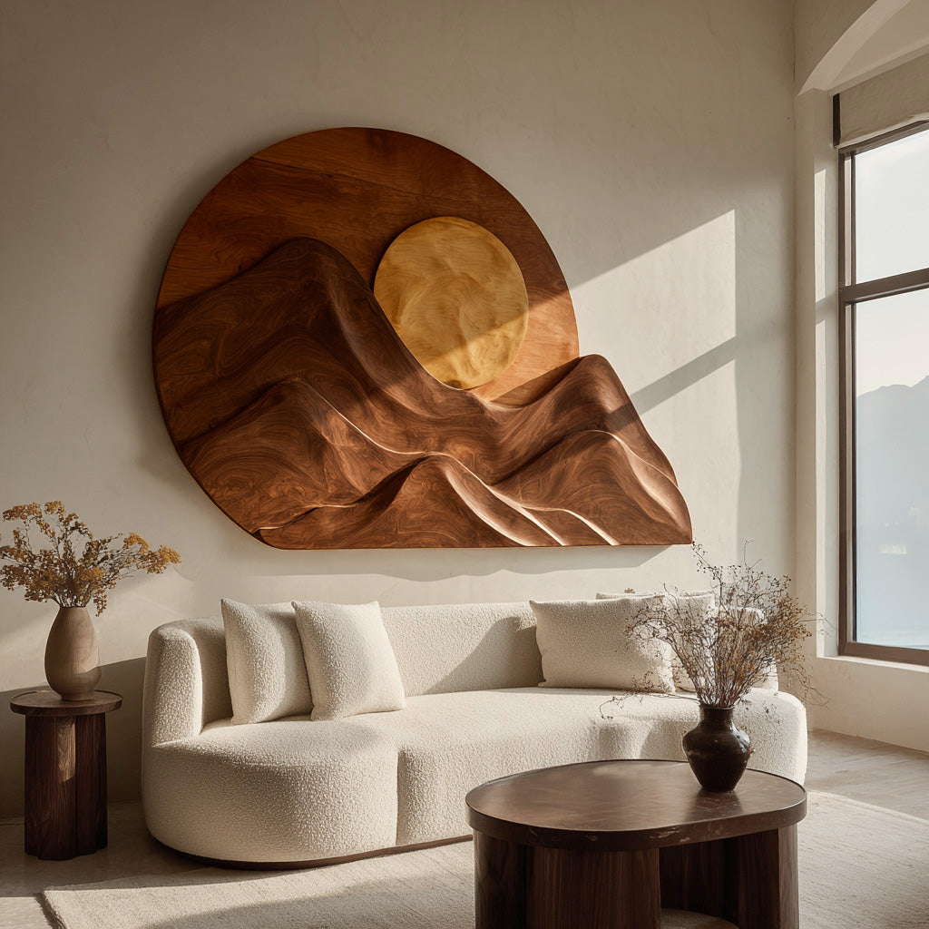 Handcrafted Mountain Sun Wall Art, solid wood, built to order