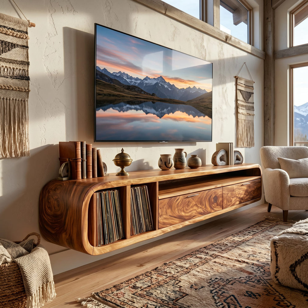 Floating Walnut TV Cabinet Vinyl Record Storage, solid wood, built to order