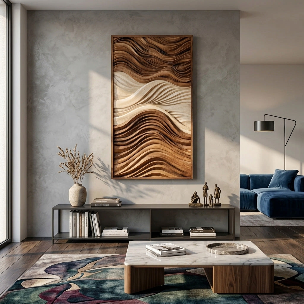 Vertical Sculptural Wall Art with Wave Carved Design, solid wood, built to order, view 3
