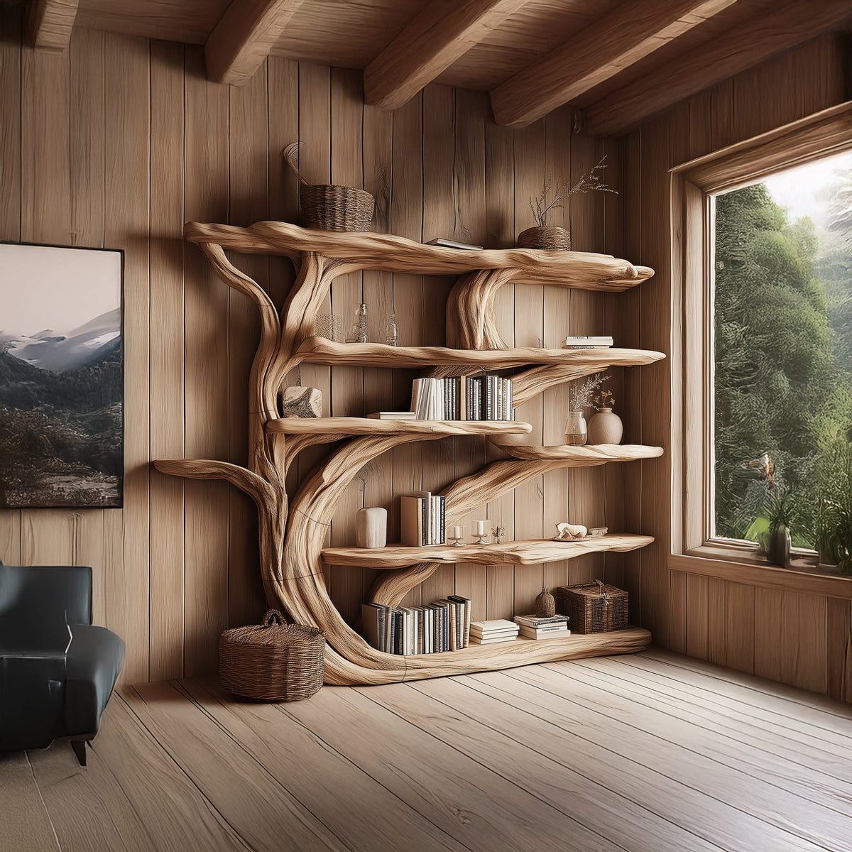 Rustic Book Tree Shelf Bookshelf, solid wood, built to order