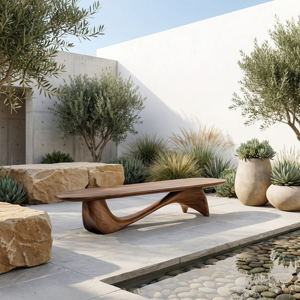 Organic Wave Bench Solid Elegant Flowing Curve Design Garden and Outdoor Space, solid wood, built to order