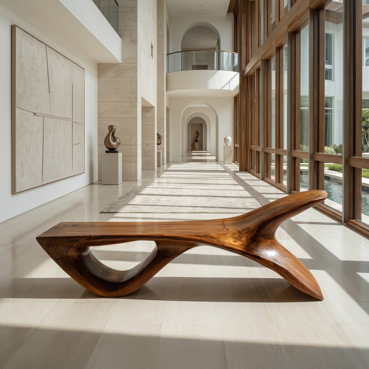 Wooden Bench with Fish Tail Shape, solid wood, built to order
