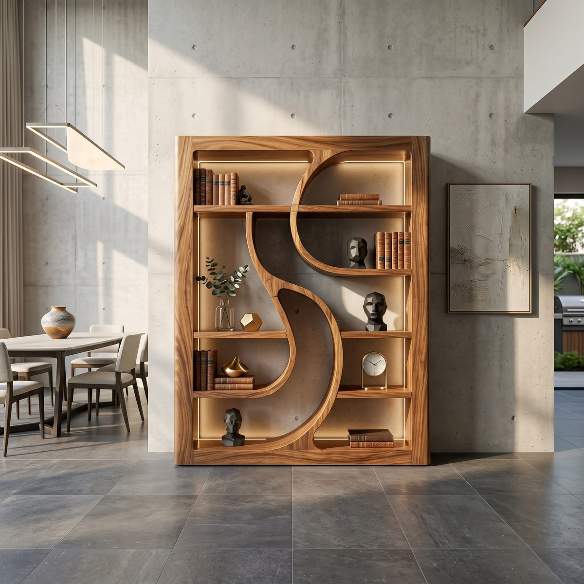 Wooden Bookshelf Featuring Ambient LED Shelving, solid wood, built to order