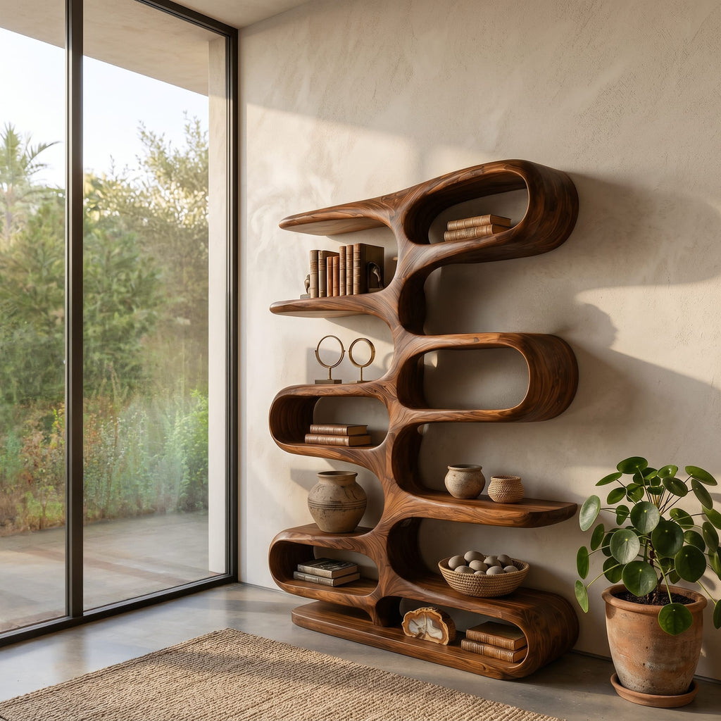 Contemporary Wooden Bookshelf with Sculptural Form for Living Room, solid wood bookcase