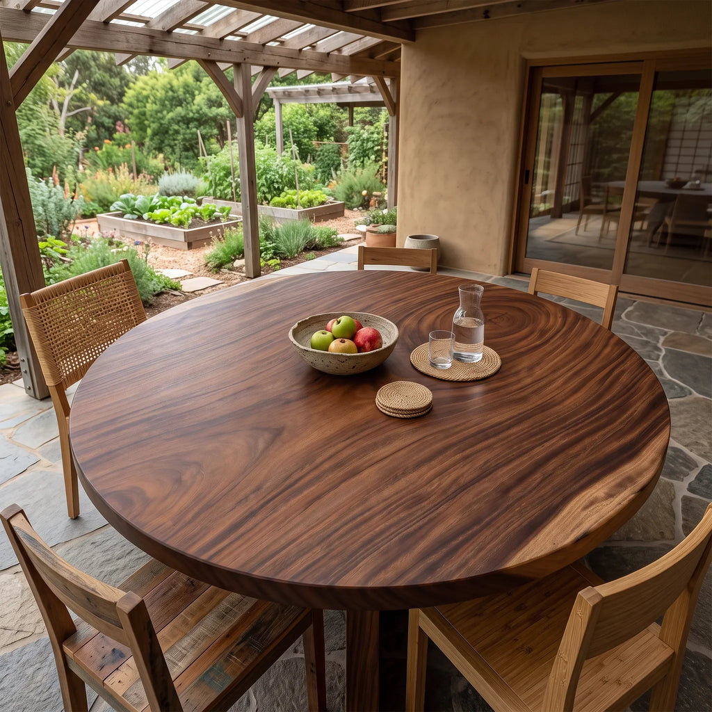 Mid Century Round Dining Table Top Garden View, solid wood, built to order
