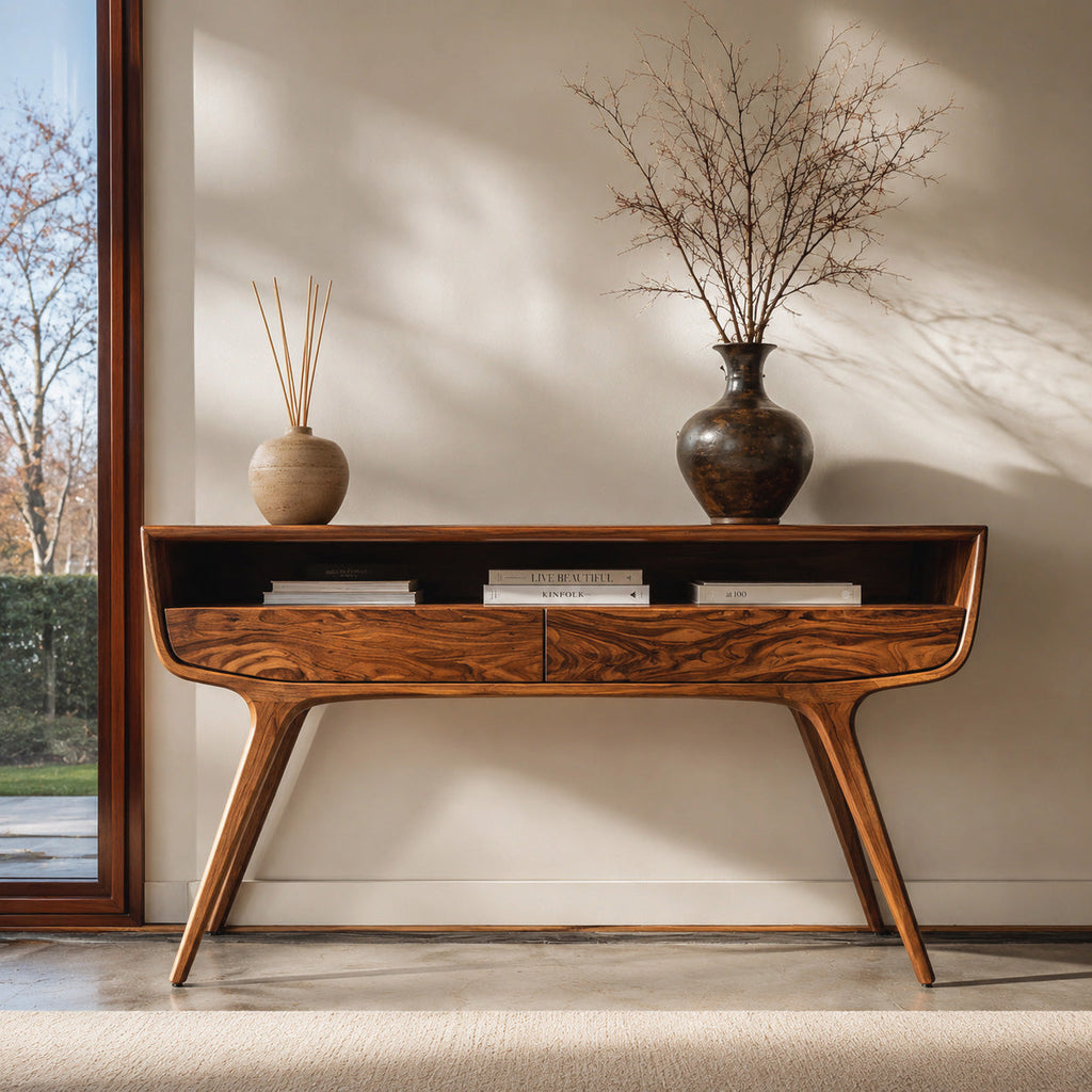 Mid Century Curved Console Table with Drawers, solid wood, built to order