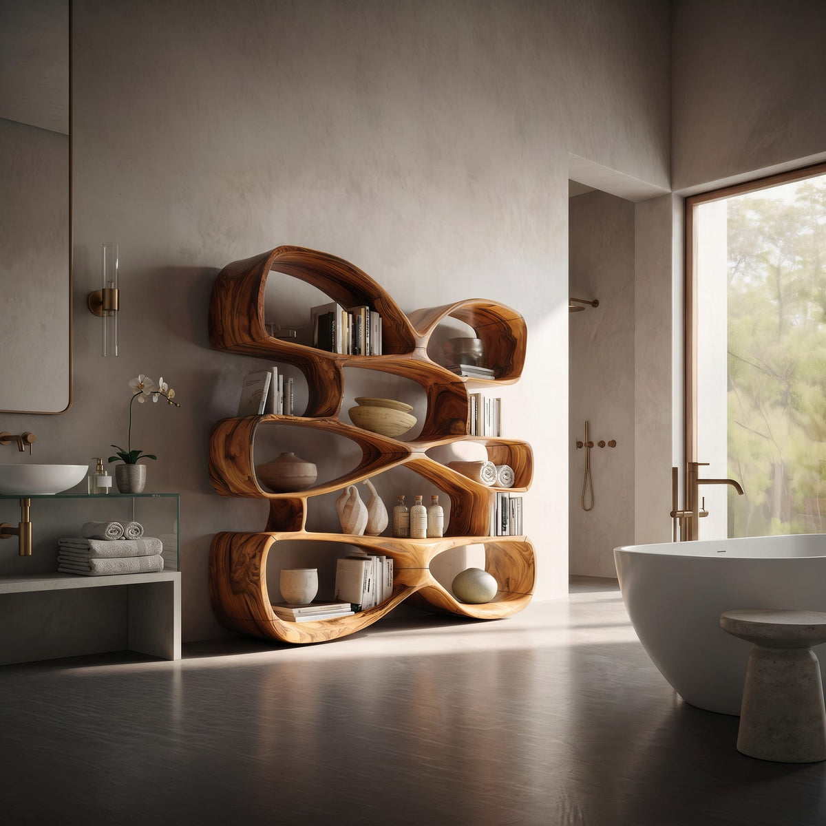 Contemporary Biomorphic Bookshelf in Fluid Design, solid wood, built to order