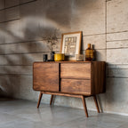Mid Century Rounded Console Table with Compartments, solid wood, built to order