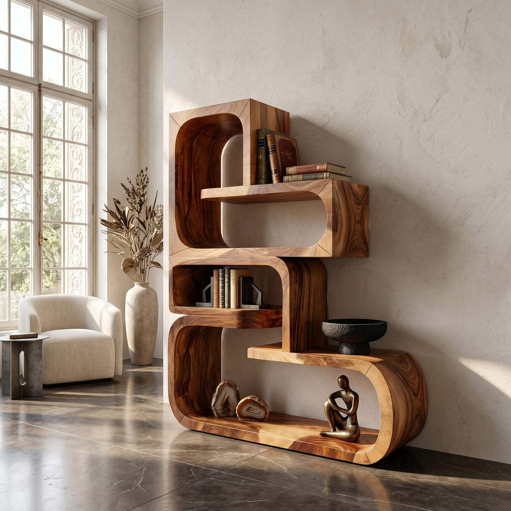 Contemporary Wave Edge Bookcase in Finish, solid wood, built to order