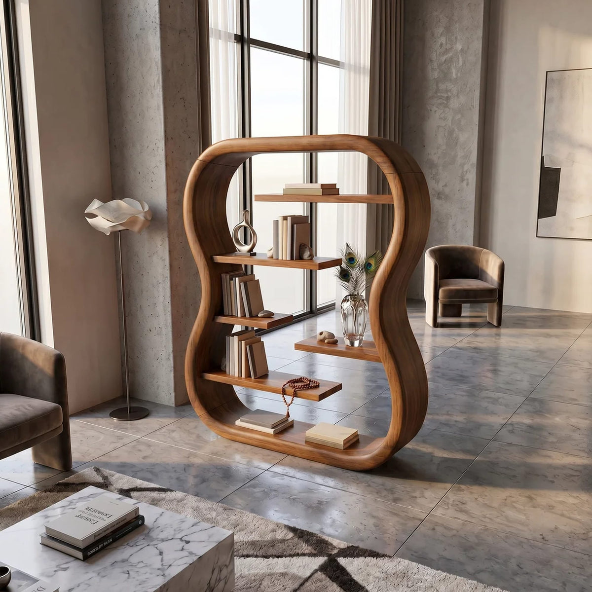 Contemporary Organic Bookshelf with Curved Frame, solid wood, built to order
