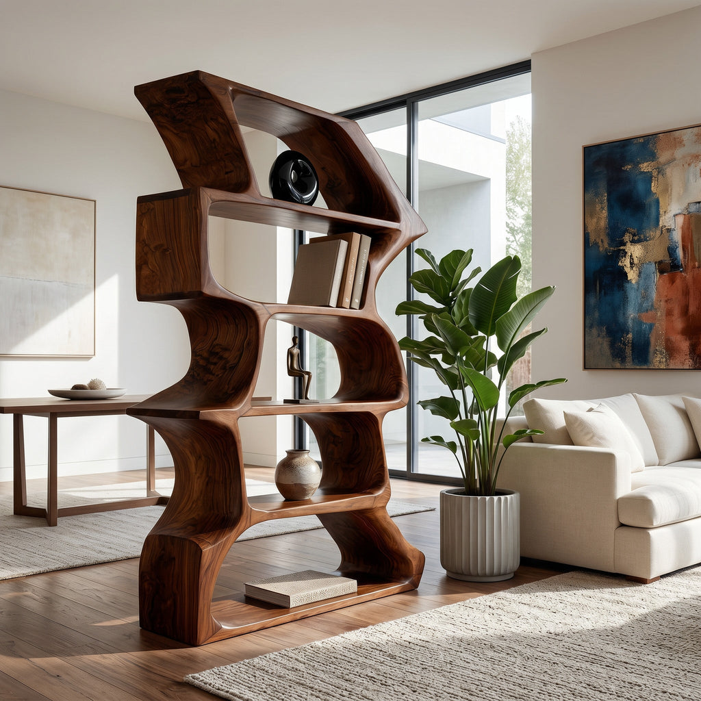 Organic Farmhouse Wooden Curved Bookshelf for Living Room, solid wood bookcase