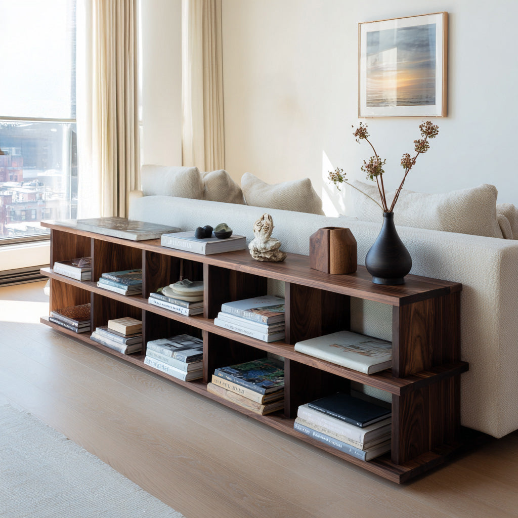 Modern Long Wooden Bookshelf for Living Room Storage, solid wood bookcase
