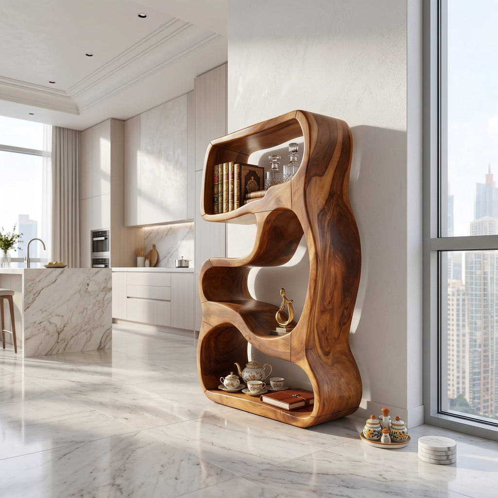 Minimalist Bookshelf Featuring Curved Side Panels, solid wood, built to order