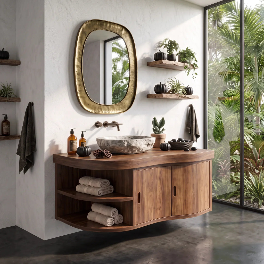 Mid Century Wall Mounted Bathroom Vanity, solid wood, built to order
