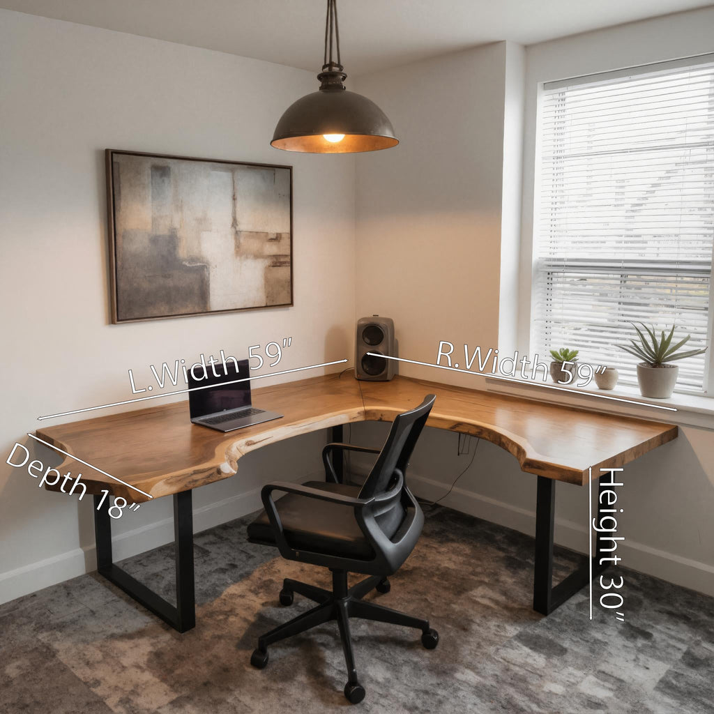 Live Edge L Shaped Desk with Metal Legs, solid wood, built to order