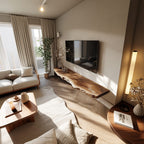 Live Edge Solid Floating TV Console Organic Living Room Interior, solid wood, built to order