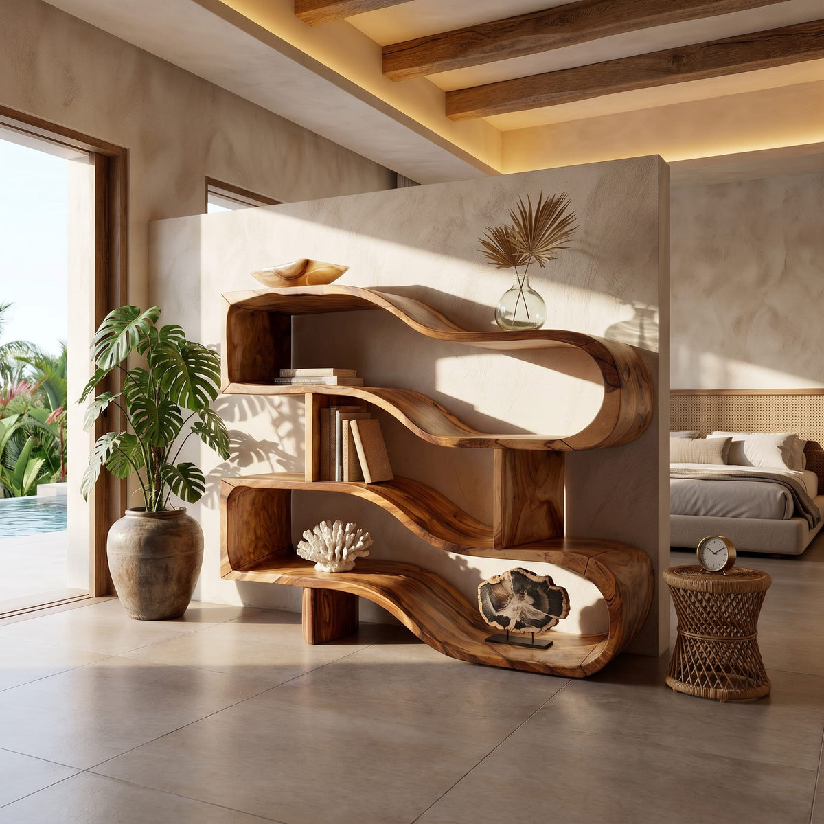 Modern Architectural Display Shelf with Floating Curves, solid wood, built to order