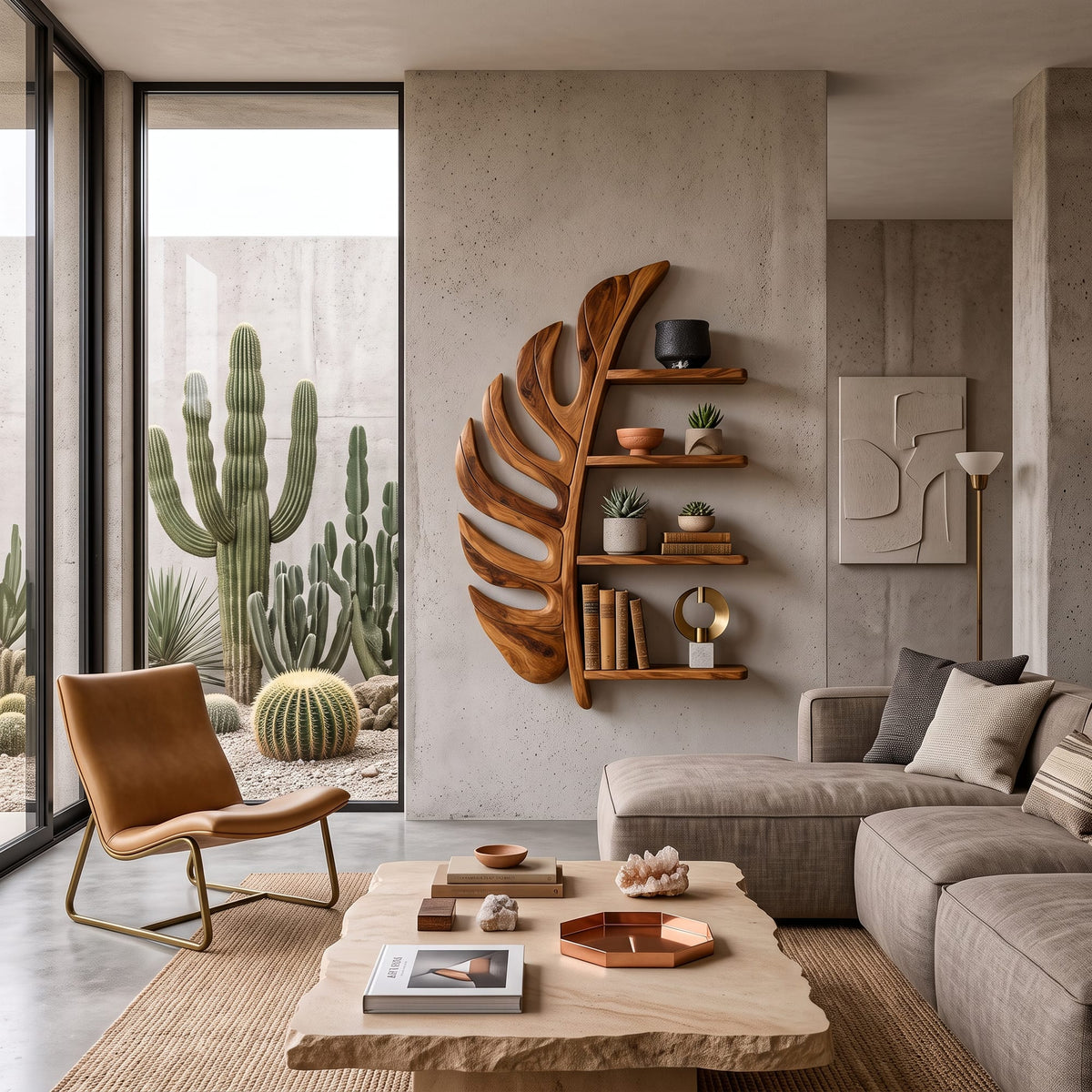 Artistic Leaf Statement Wall Bookshelf, solid wood, built to order