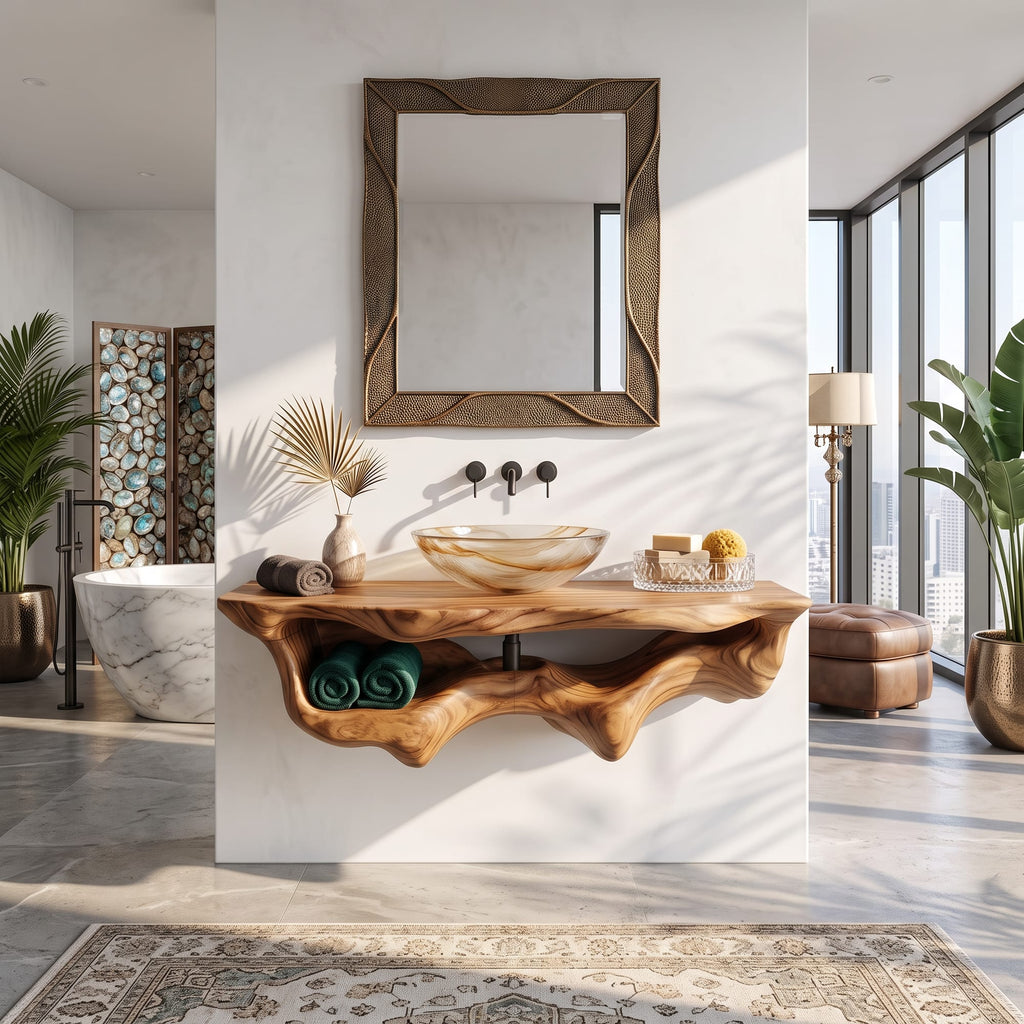 Mid Century Live Edge Floating Vanity Bathroom Decor, solid wood, built to order