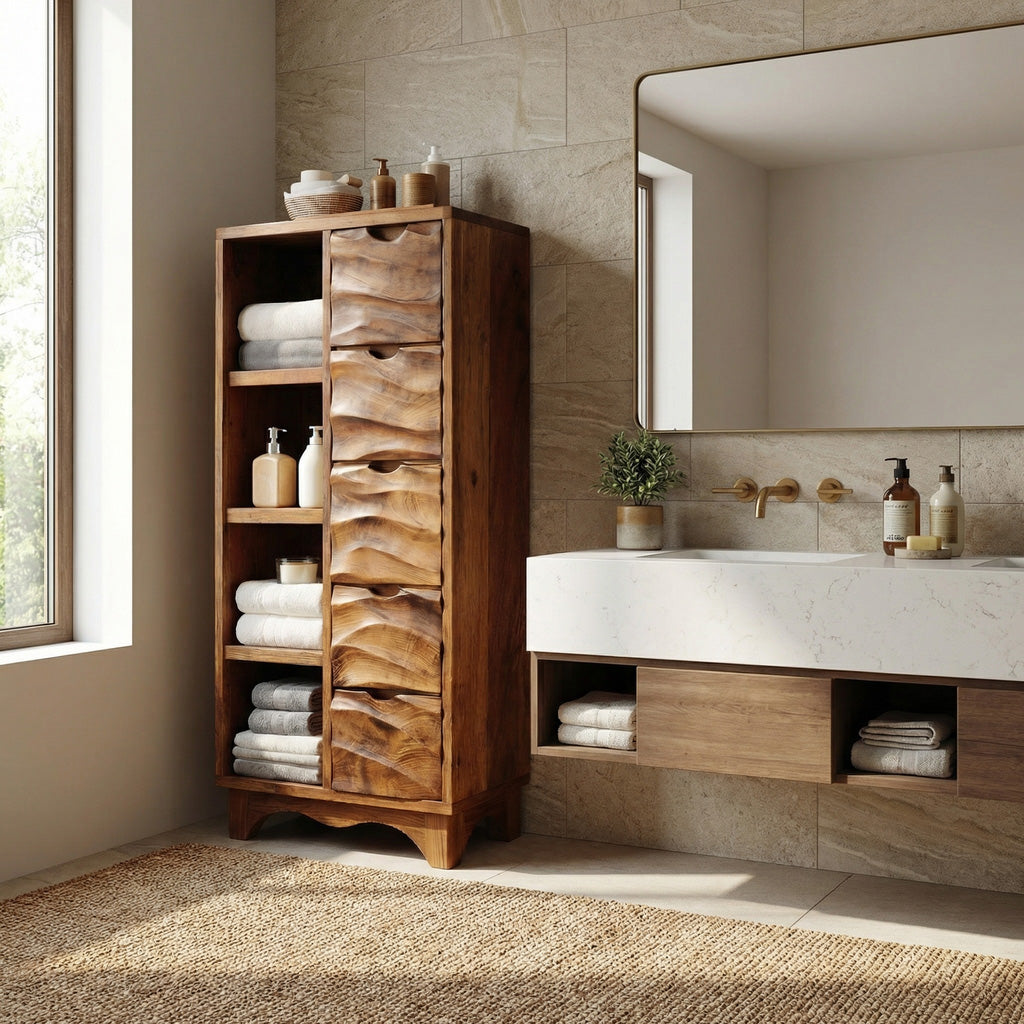 Contemporary Bathroom Cabinet with Open Shelves and Drawers for Spa, solid wood, built to order