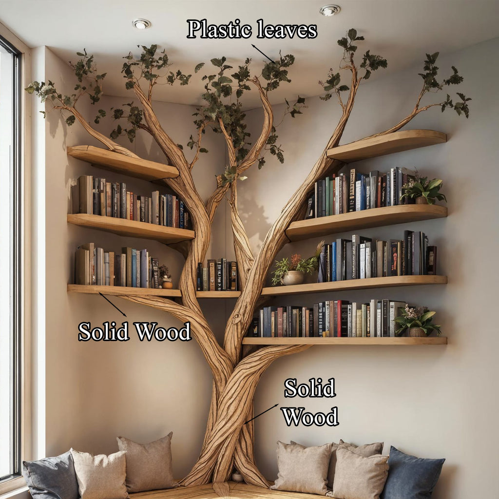 Tree Floating Corner Bookshelf with Corner Bench Lshaped Bench, solid wood, built to order