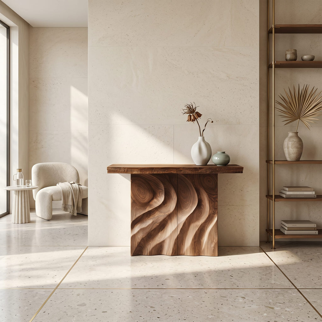 Mid Century Sculpted Base Console Table for Reception Area, solid wood, built to order