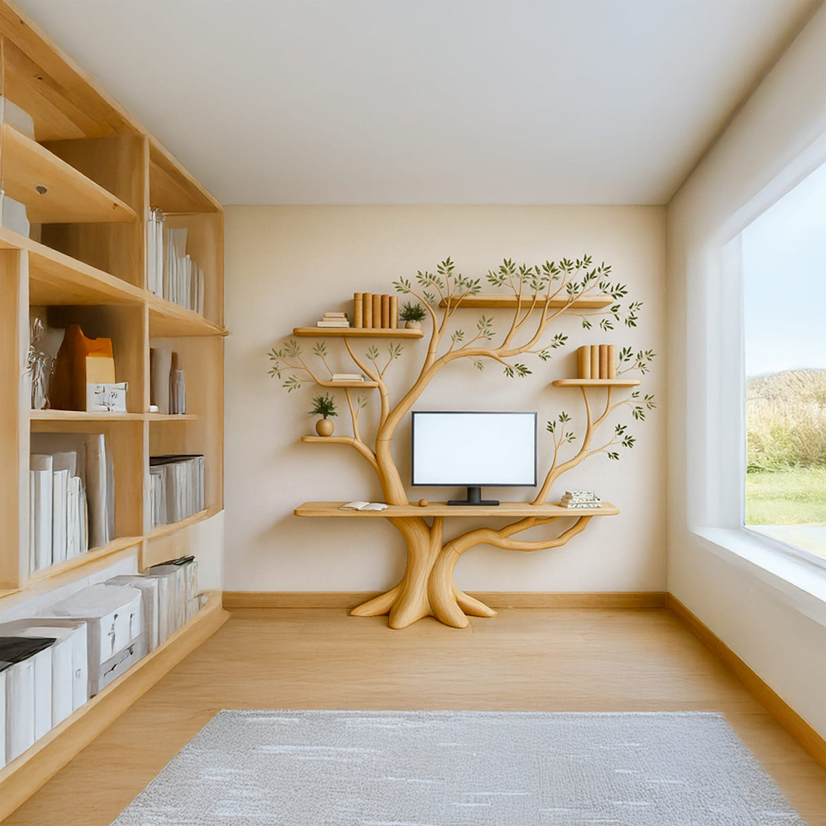 Midcentury Tree Bookshelf Desk Living Bedroom, solid wood, built to order