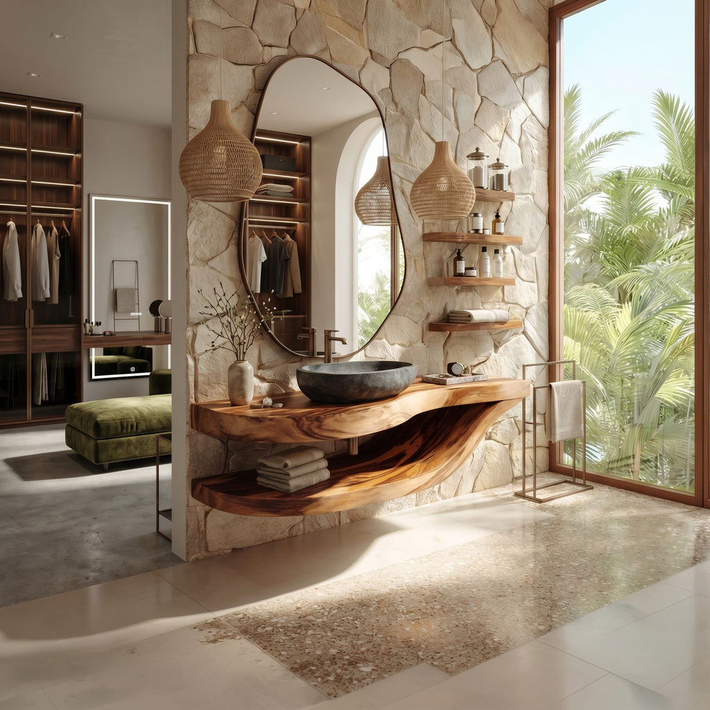 Open Shelf Vanity Cabinet Resort Suite, solid wood, built to order