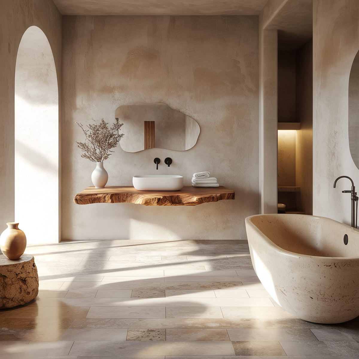 Contemporary Spa Bathroom Vanity Floating Live Edge Counter, solid wood, built to order