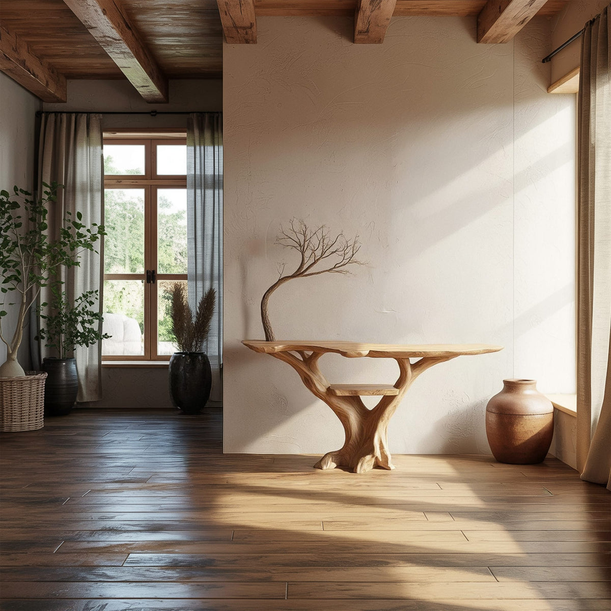 Mid Century Console Table Sculpted Wood Tree Hallway Entrance, solid wood, built to order