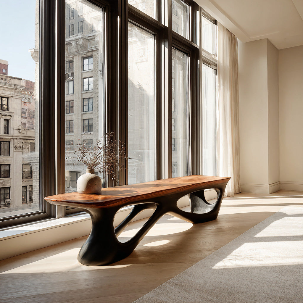 Contemporary Bench for Window Corner, solid wood, built to order