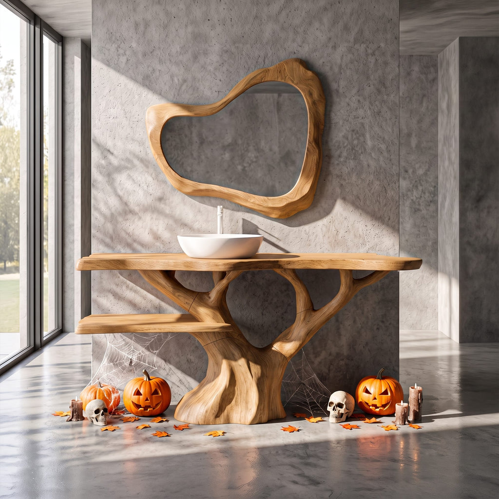 Mid Century Solid Bathroom Vanity with Sculptural Tree Form, solid wood, built to order