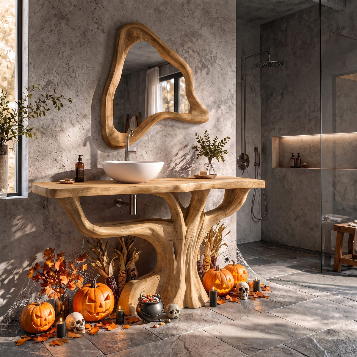 Contemporary Single Bathroom Vanity with Branch Inspired Base, solid wood, built to order