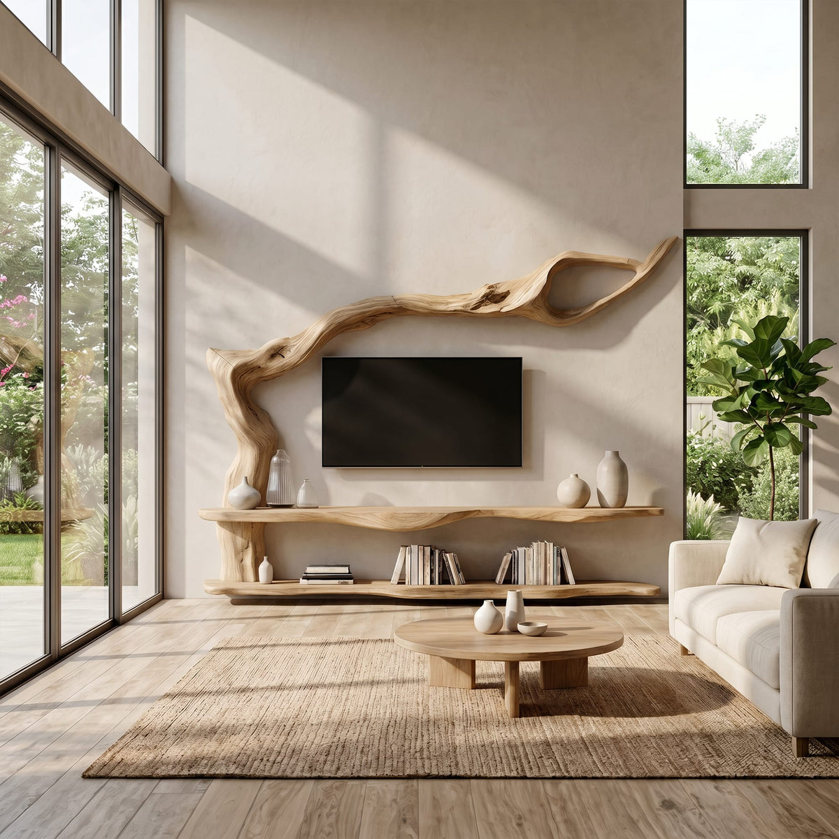 Contemporary TV Cabinet with Sculptural Tree Inspired Base, solid wood, built to order