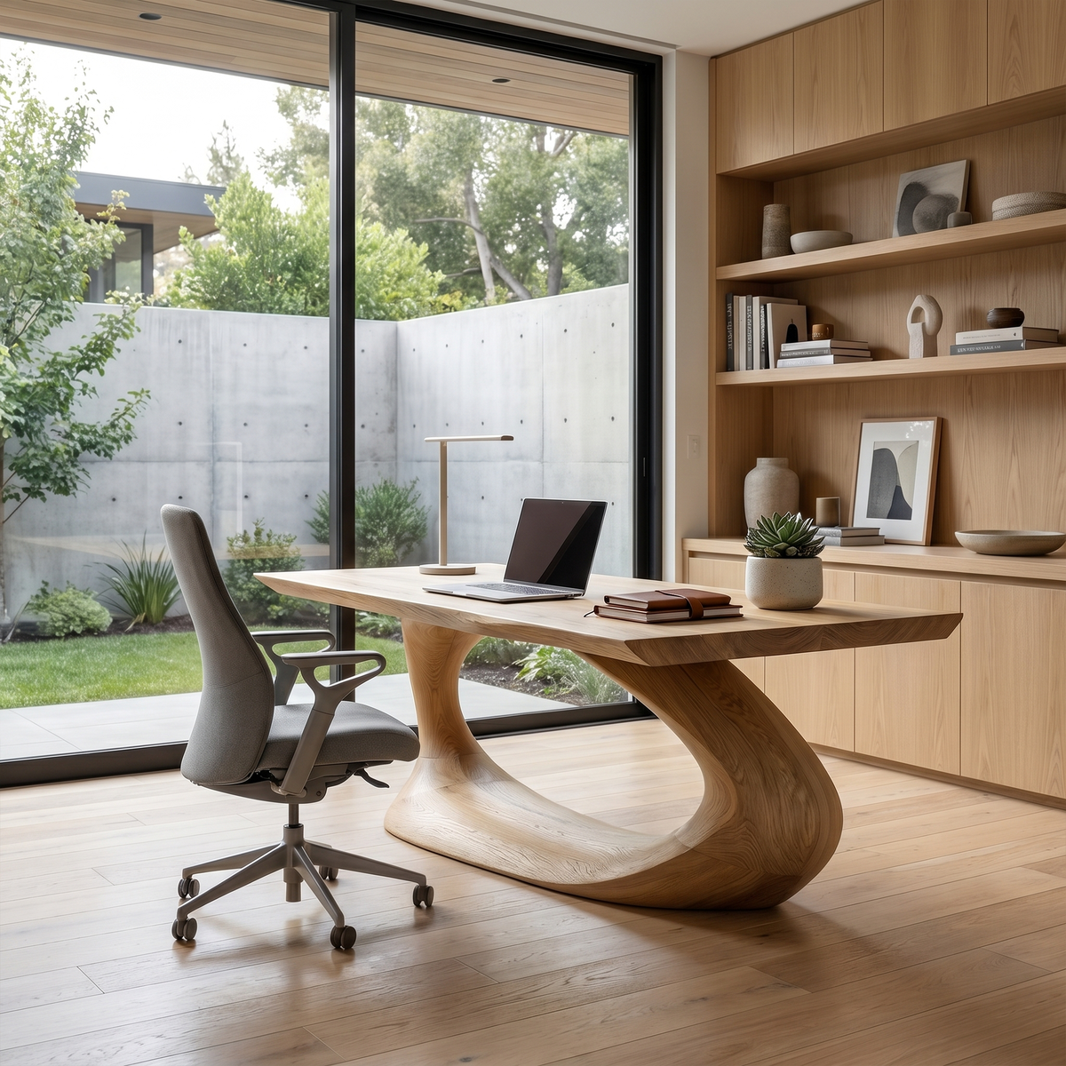 Curved Base Desk, Oak finish
