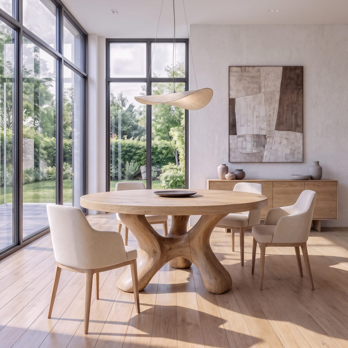 Contemporary Round Dining Table with Flowing Crossed Design, solid wood, built to order