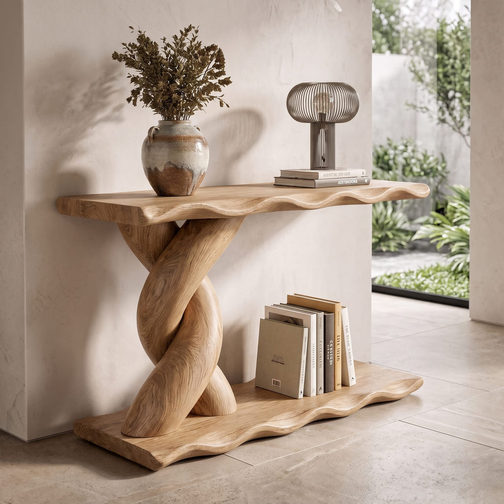 Contemporary Console Table with Spiral Base and Lower Display Shelf, solid wood, built to order