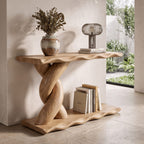 Contemporary Console Table with Spiral Base and Lower Display Shelf, solid wood, built to order
