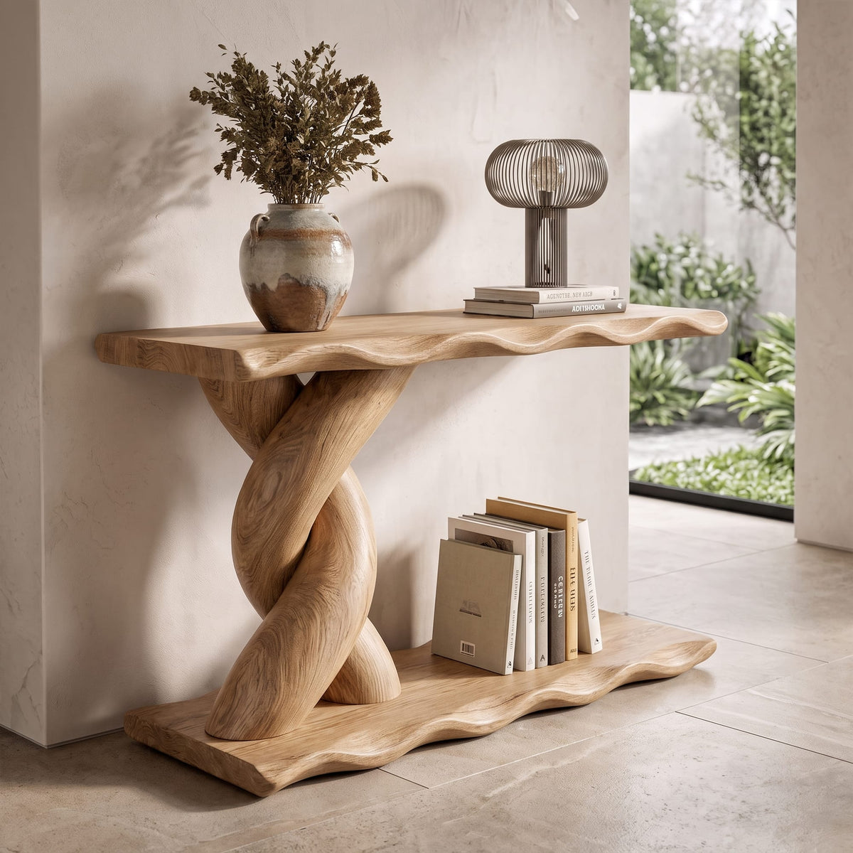 Contemporary Console Table with Spiral Base and Lower Display Shelf, solid wood, built to order