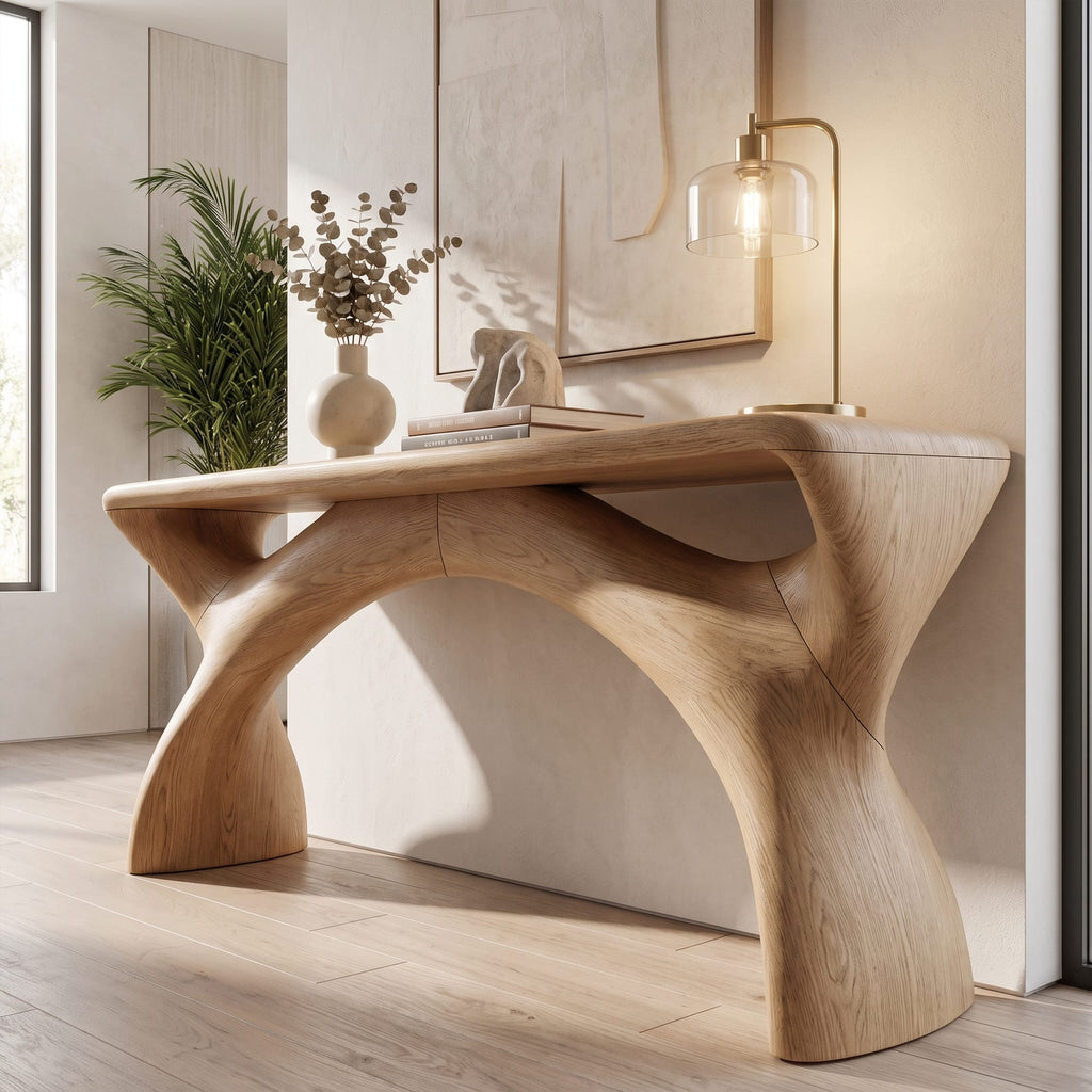 Mid Century Console Table with Flowing Curved Frame, solid wood, built to order