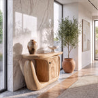Contemporary Console Table with Sculptural Base and Storage, solid wood, built to order