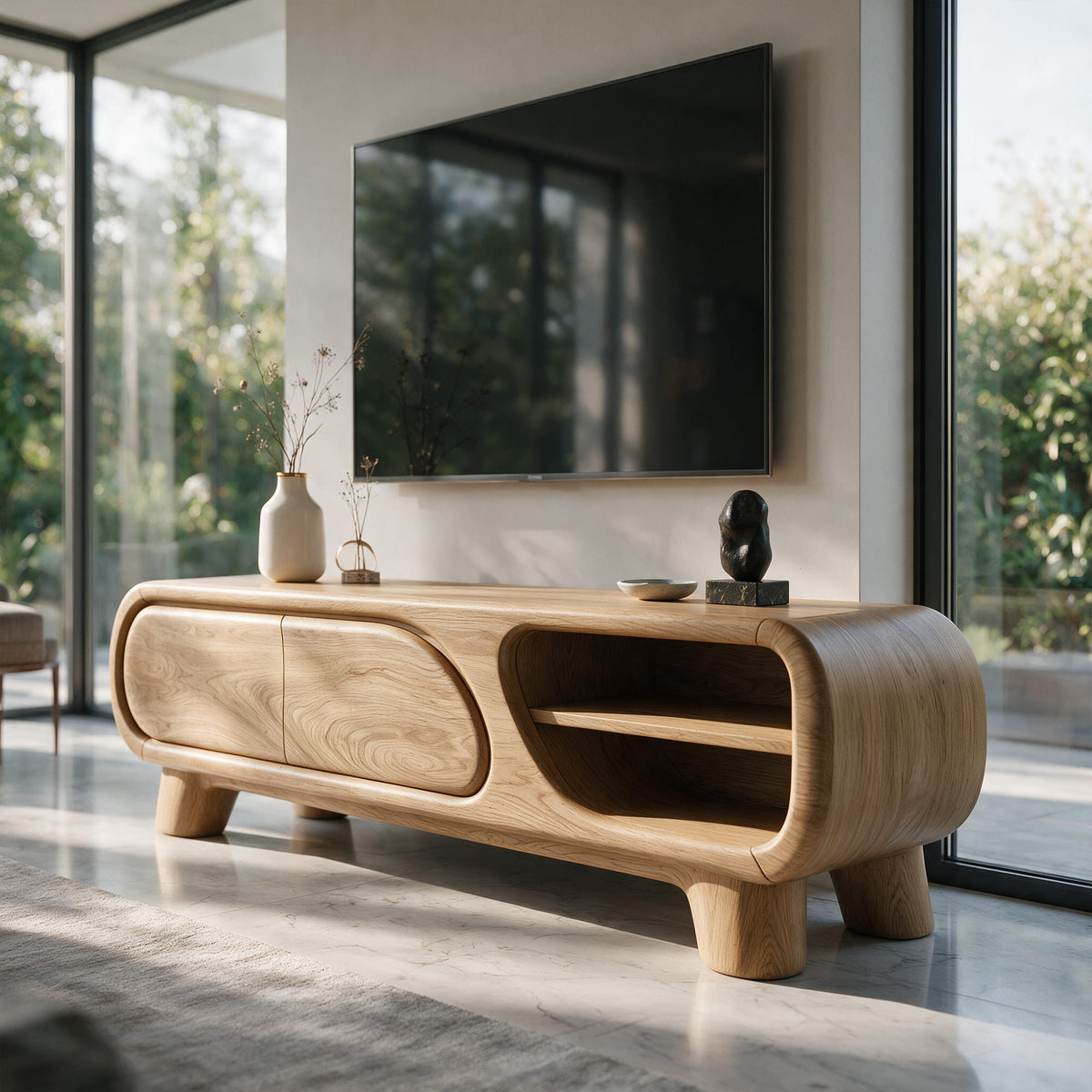 Mid Century TV Cabinet with Rounded Frame and Open Storage, solid wood, built to order