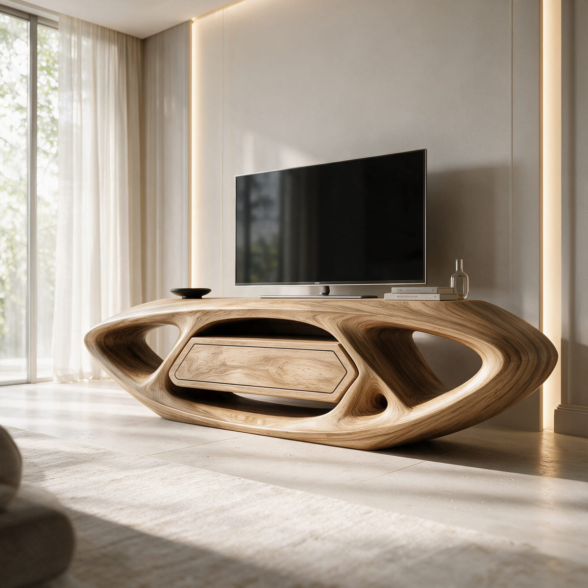 Contemporary TV Cabinet with Sculptural Oval Frame and Open Storage, solid wood, built to order