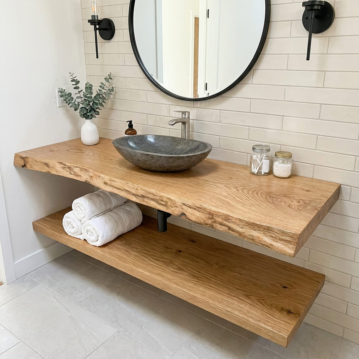 Mid Century Bathroom Vanity Shelf Curved Edge Wood Bathroom Look, solid wood, built to order