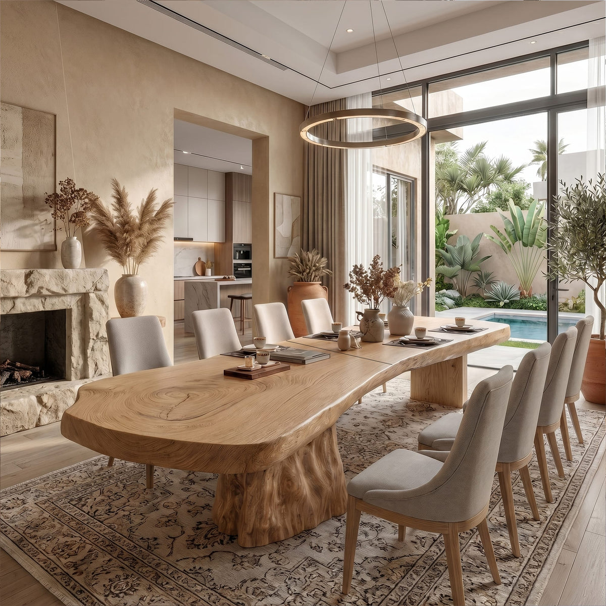 Organic Sculptural Dining Table with Live Edge Solid Top and Pedestal Base, solid wood, built to order