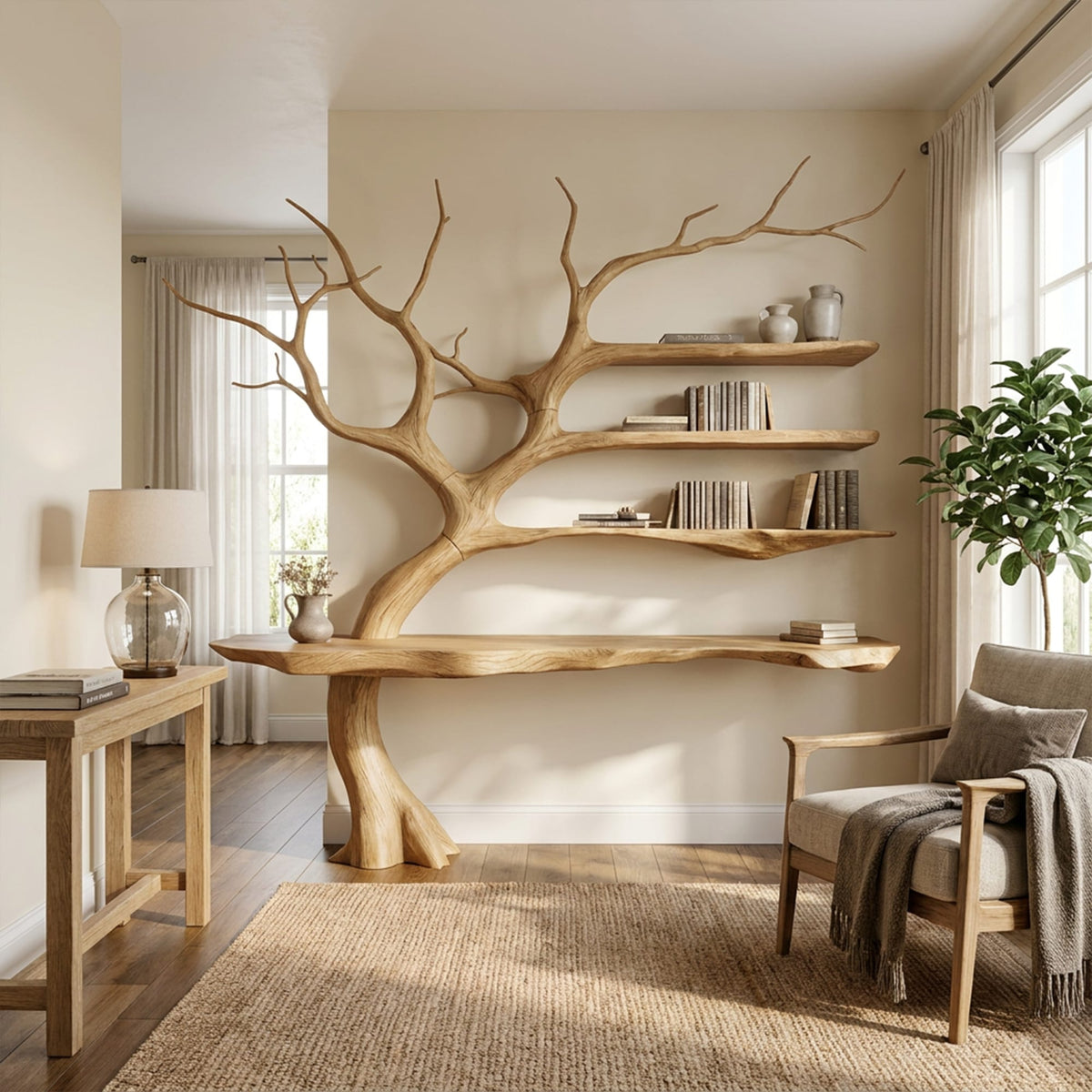 Rustic Console Table Tree Branch Reading Room, solid wood, built to order