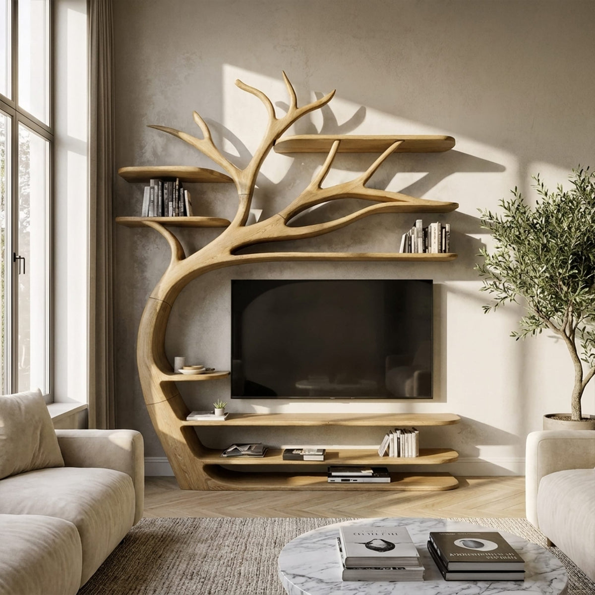 Rustic Tree TV Stand Bedroom Or Living Room Decor, solid wood, built to order