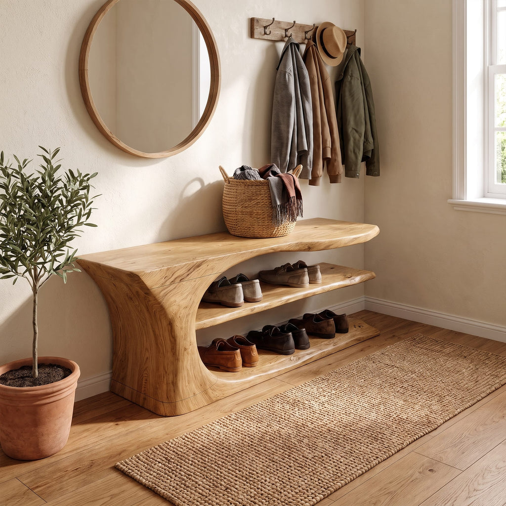 Mid Century Handcrafted Shoe Storage Bench Home, solid wood, built to order