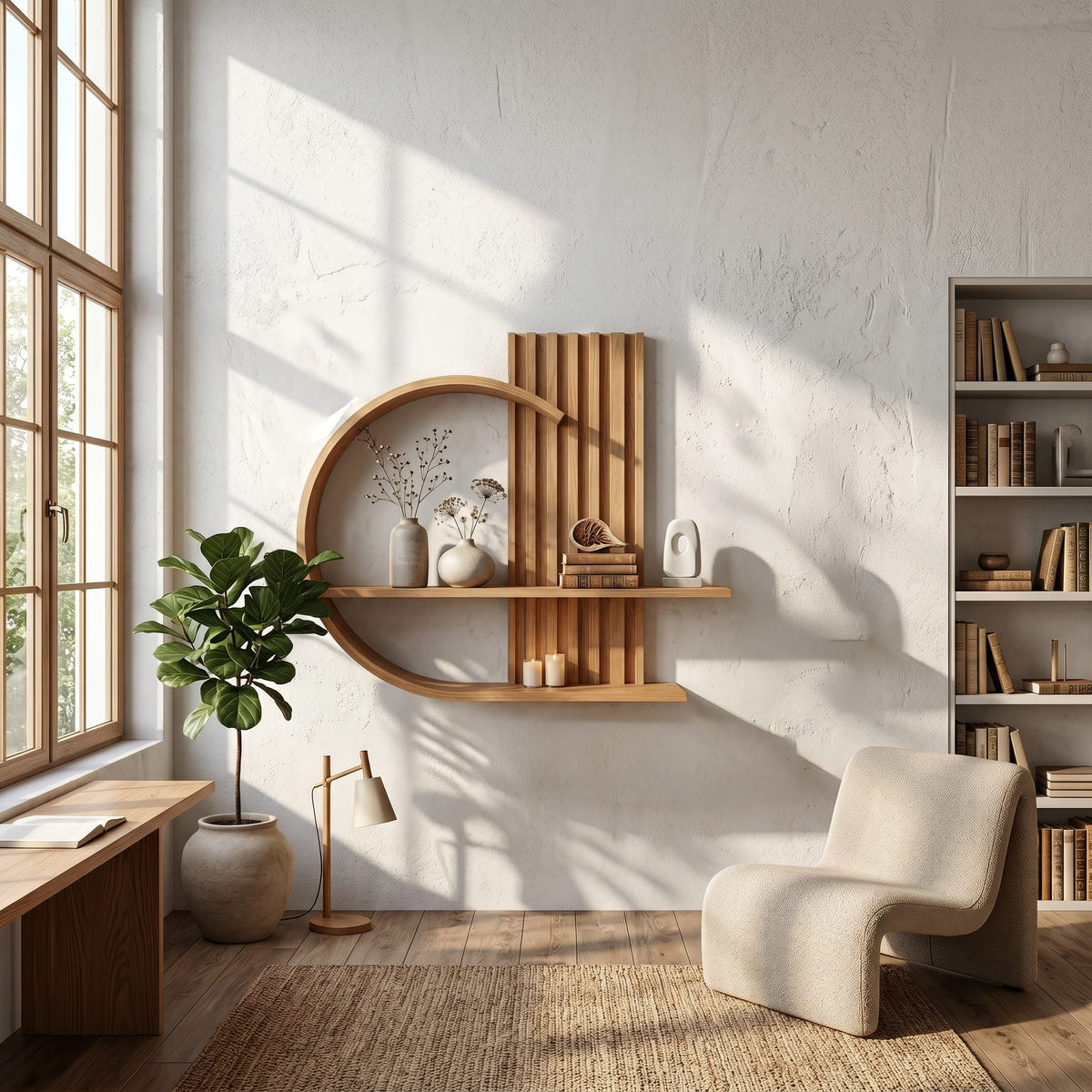 Japandi Organic Modern Wall Shelf Living Room and Bedroom, solid wood, built to order